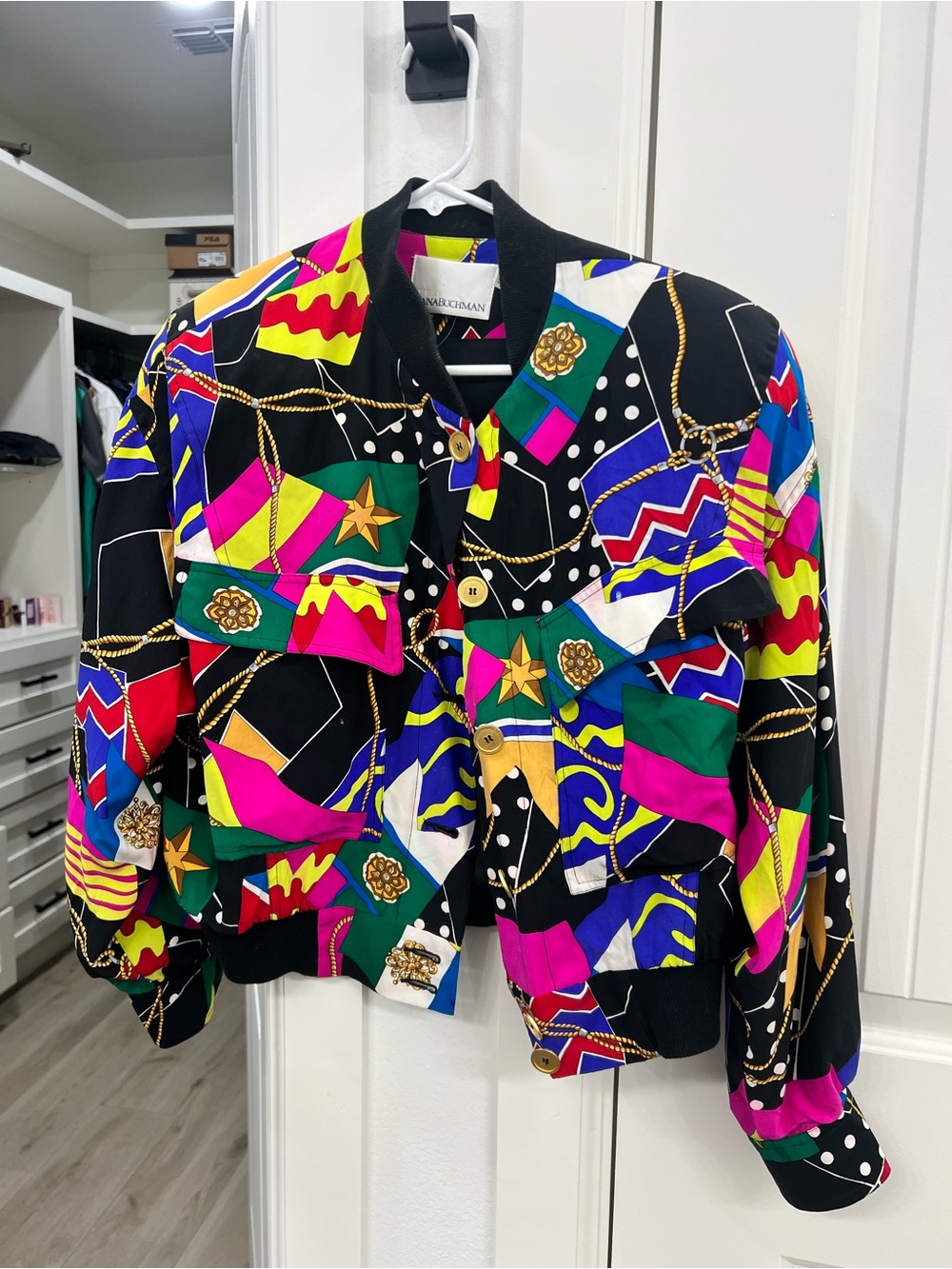 Vintage Colorful Graphic Silk Print Jacket by Dana Buchman